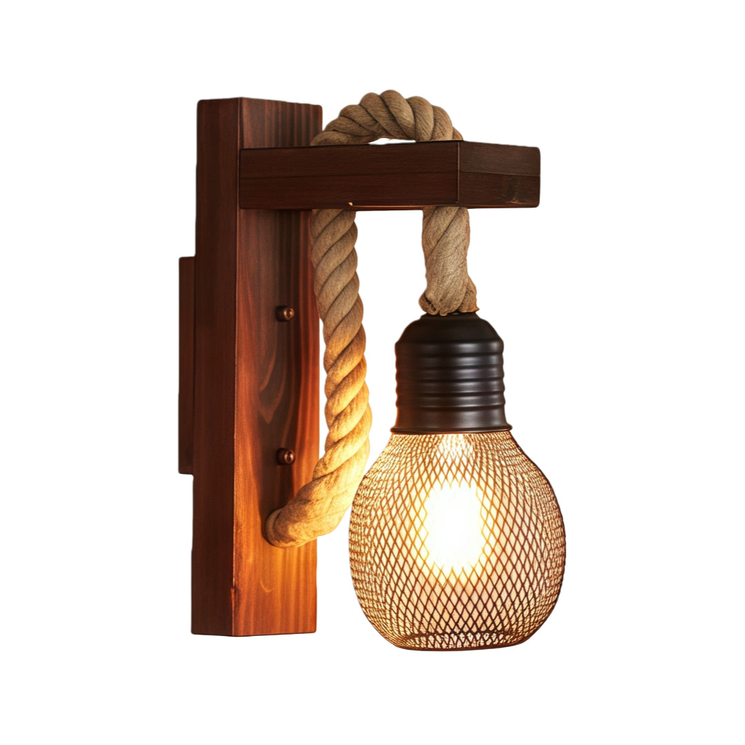 Rustic Iron Mesh Wall Sconce — Jute Rope and Wood Accents, 4W LED E27, Hardwired, Warm White 3000K