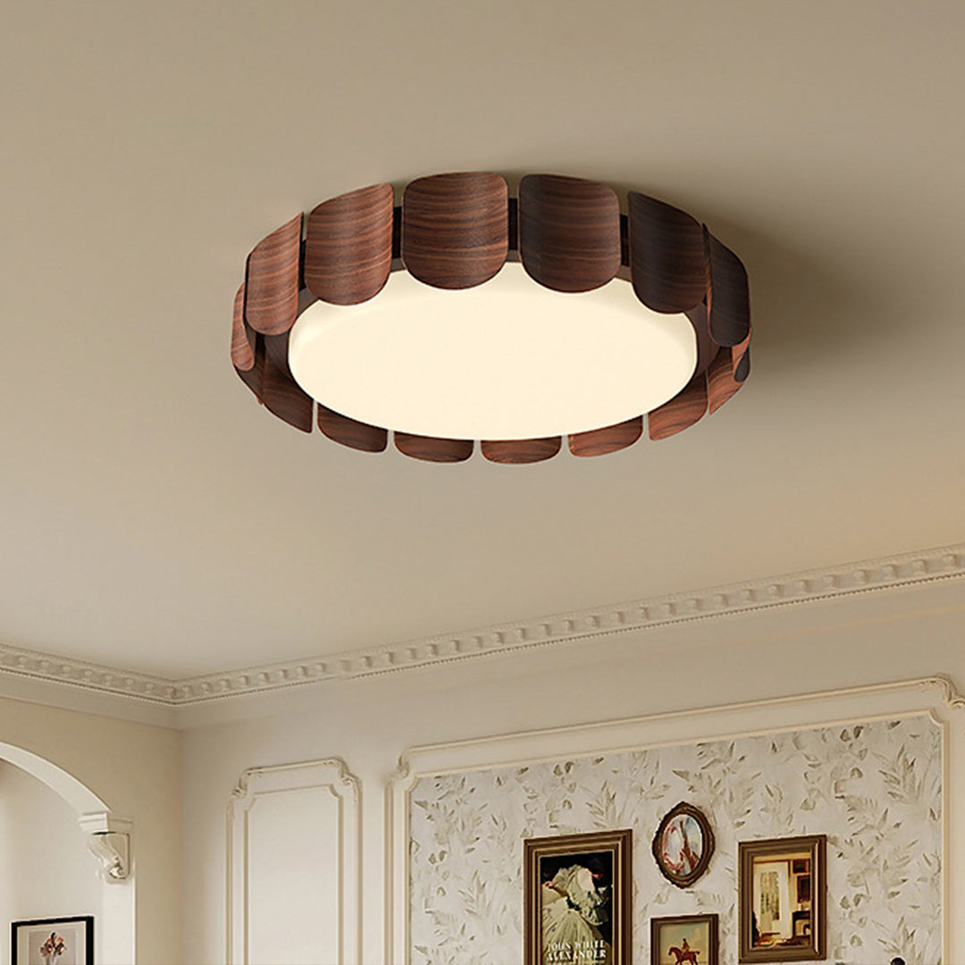 Full-Spectrum Eye-Care LED Flush Mount — Wood Grain & Iron, 39W, 3-Step Dimming (3000K/4000K/6000K), High-CRI 97, 19.69"