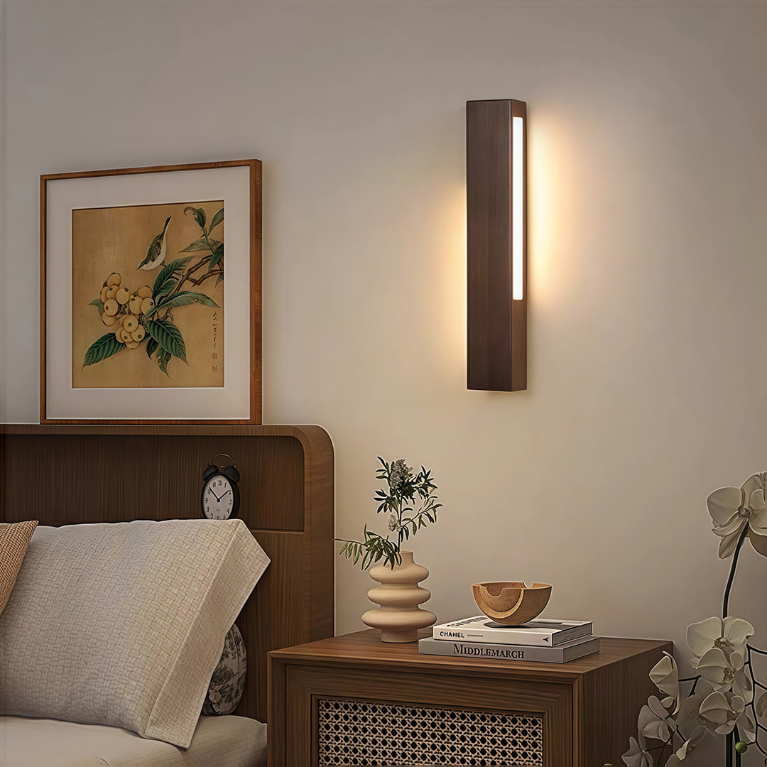 Japandi Diffused Wall Sconce — Aluminum and Rubberwood, 8W LED, 3-Step Dimming (3000K/4500K/6000K), Hardwired