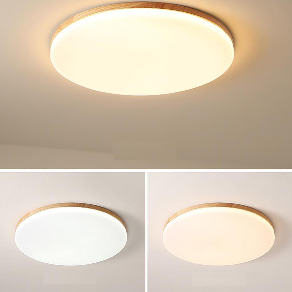 Circular Minimalist Flush-Mount Ceiling Light — Wood and Acrylic, LED, 3000K/6000K, Dimmable with Remote, 10"–19"
