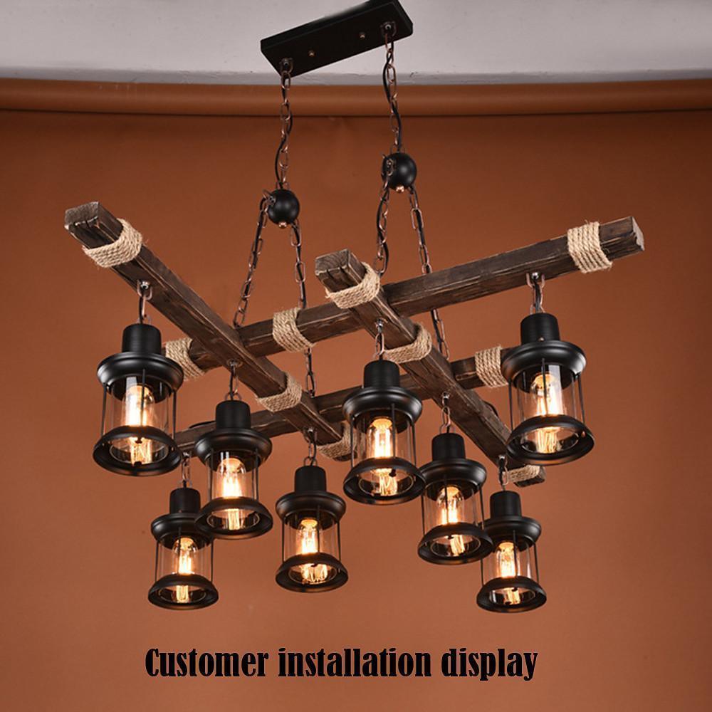 Vintage Farmhouse Geometric Chandelier — Wood and Glass, 39" Adjustable Cord, LED-Compatible