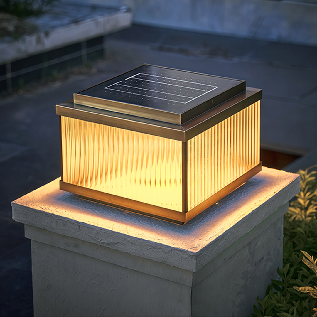 Square Copper Outdoor Pillar Light — Ribbed Glass, Dual Solar/Electric, 3-Step Dimming, 4 Sizes