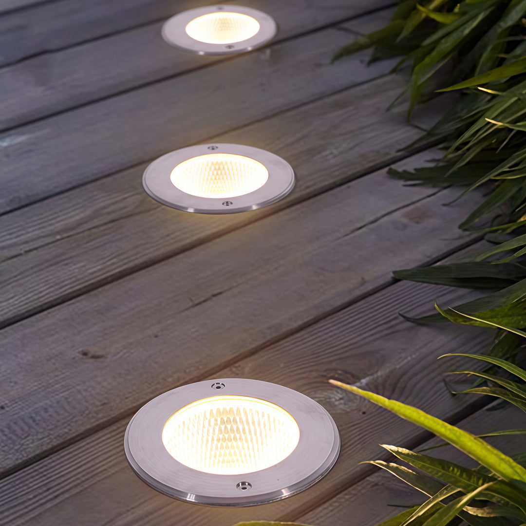 Inground Landscape Step Light — Stainless Steel & Tempered Glass, 12W LED, IP65, Hardwired, 110V, Warm White 3000K