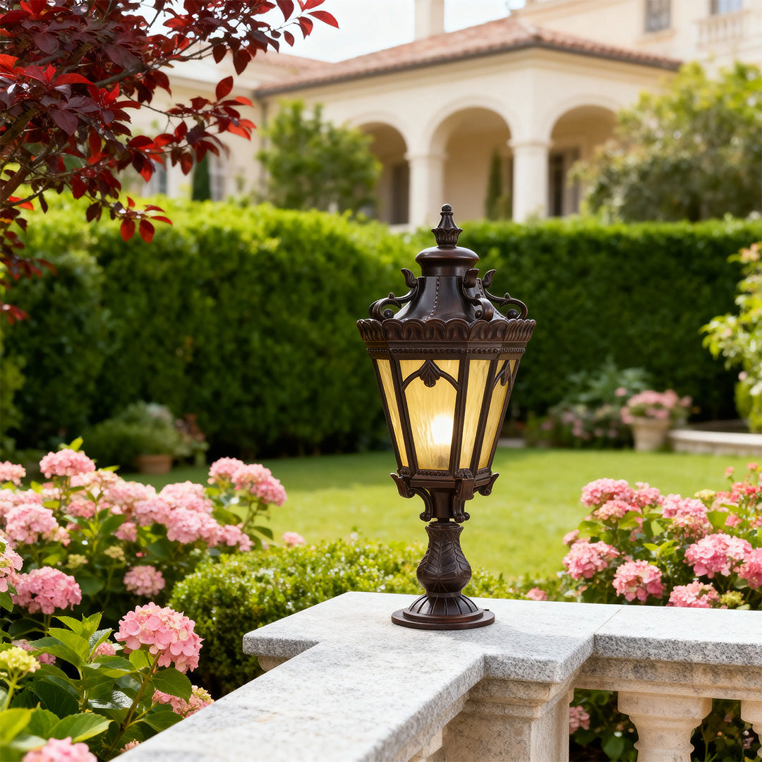 Column-Head Outdoor Pillar Light — Sand-Black Aluminum, Clear Glass, 18W E26, IP44, 10.24" × 26.57"