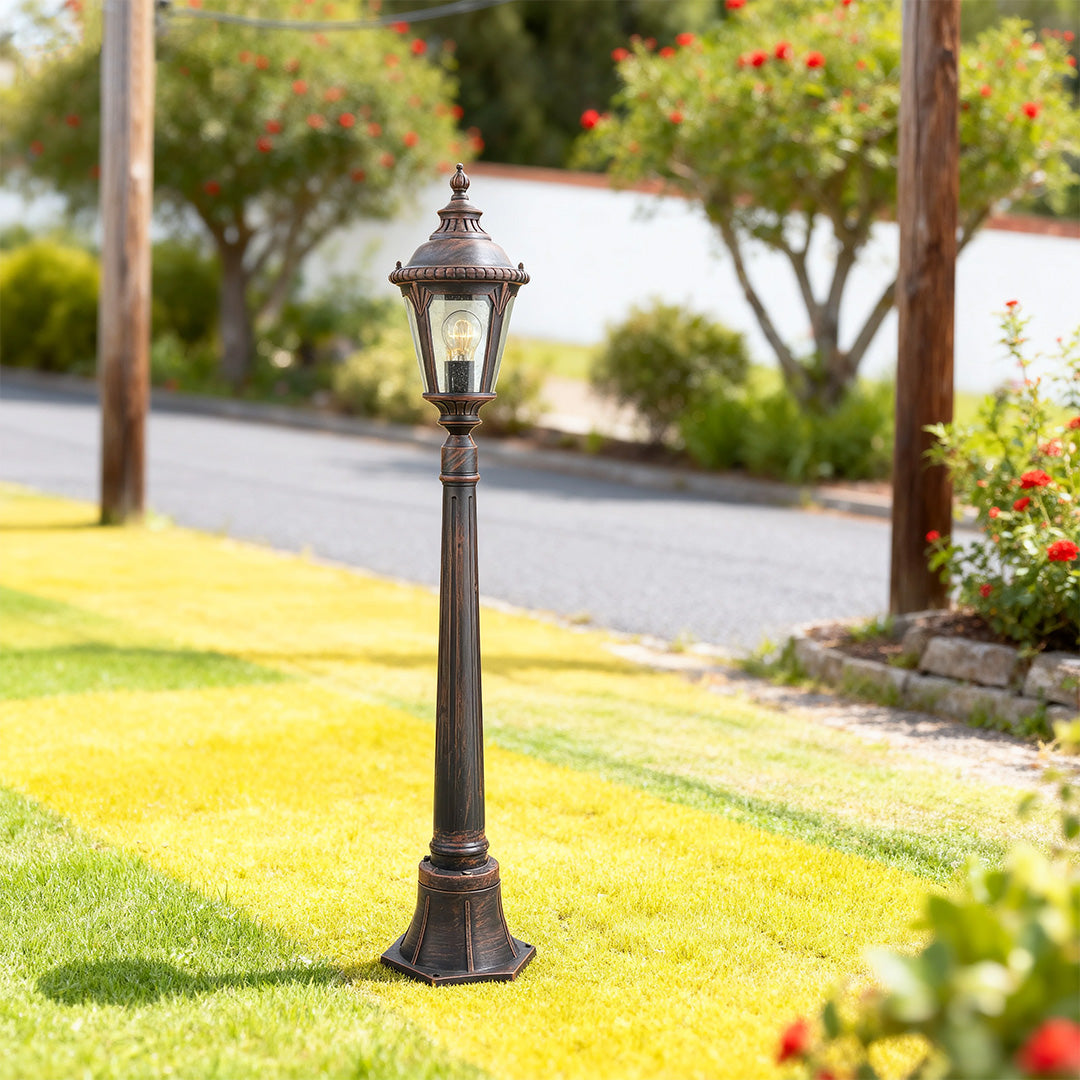 Geometric Outdoor Post Light — Sand-Black Aluminum, Clear Glass, 9W E26, IP44, 43"H