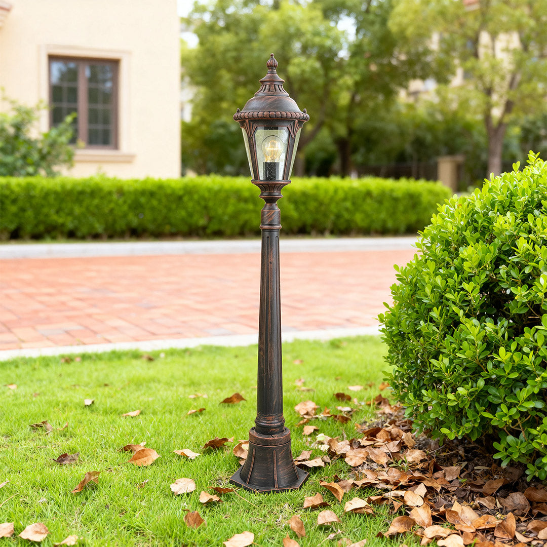 Geometric Outdoor Post Light — Sand-Black Aluminum, Clear Glass, 9W E26, IP44, 43"H