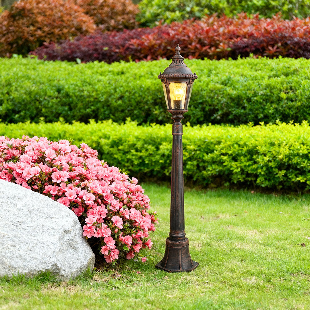 Geometric Outdoor Post Light — Sand-Black Aluminum, Clear Glass, 9W E26, IP44, 43"H