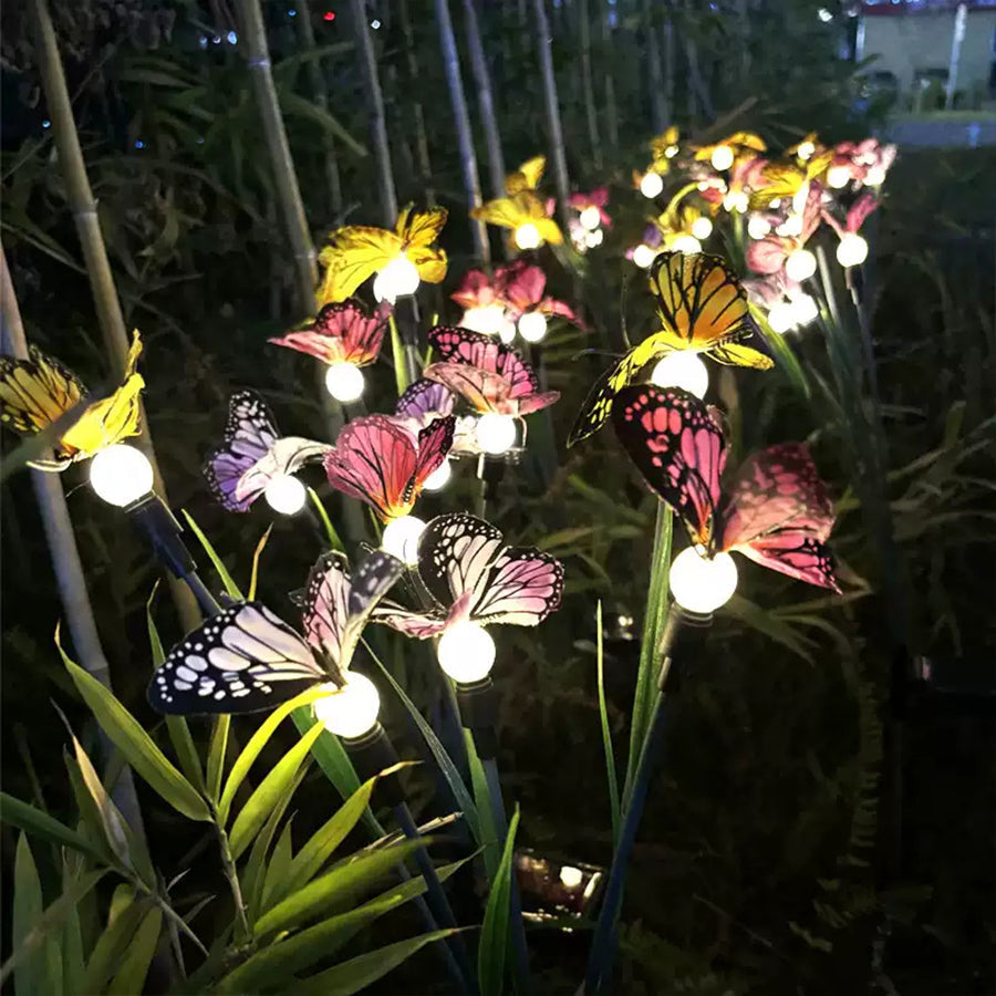 Six-Head Butterfly Solar Garden Stake Light — Fabric Butterflies, LED Warm White, Dusk-to-Dawn, IP65 Weatherproof
