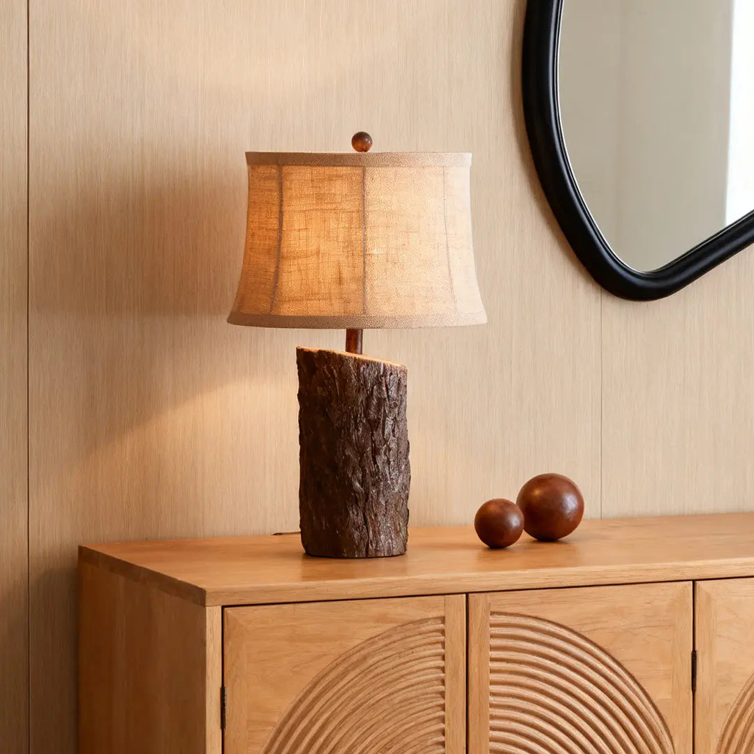 Bark-Textured Fabric Shade Faux Wood Table Lamp for Nightstands Luxe