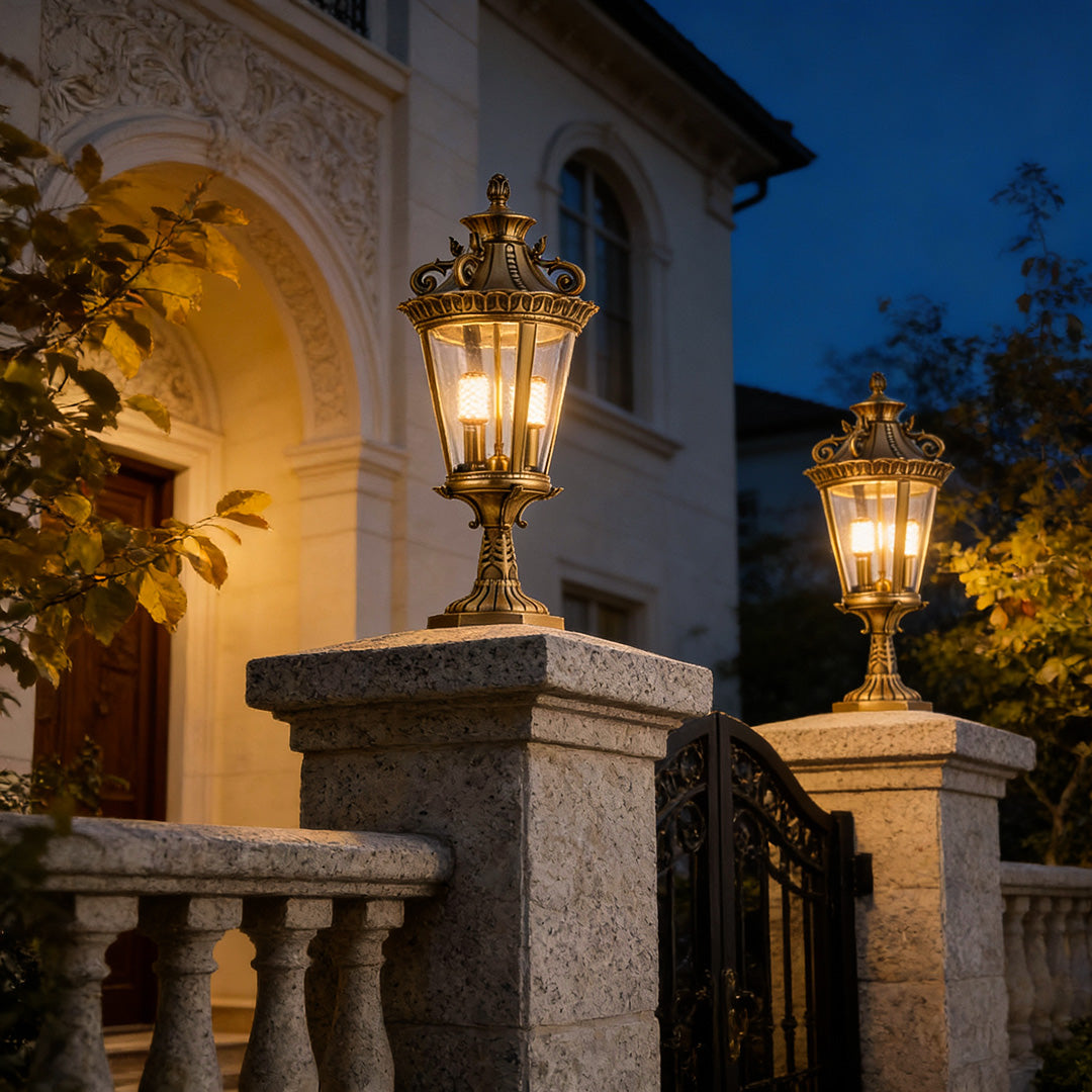 Minimalist Glass Pillar Light — Solid Copper, Antique Finish, IP55 Weatherproof, E14, 26.4"