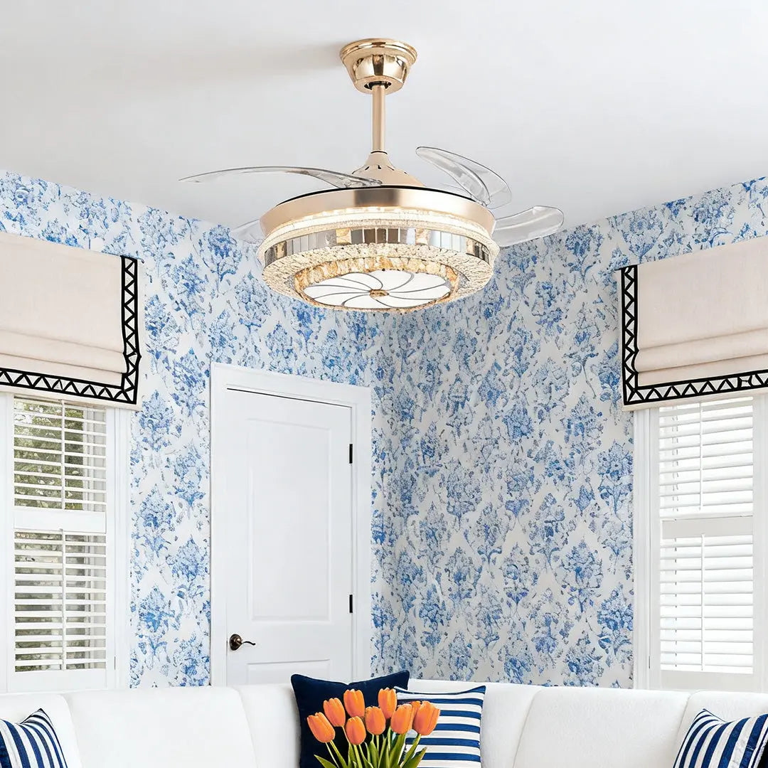 Gold 4-Blade Ceiling Fan with Crystal Light Design and Invisible Lamp Luxe