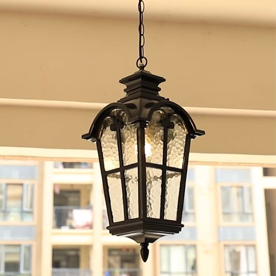 Roman-Style Outdoor Hanging Porch Light — Die-Cast Aluminum, Rippled Tempered Glass, Black and Gold, E27, IP55, 1-Light