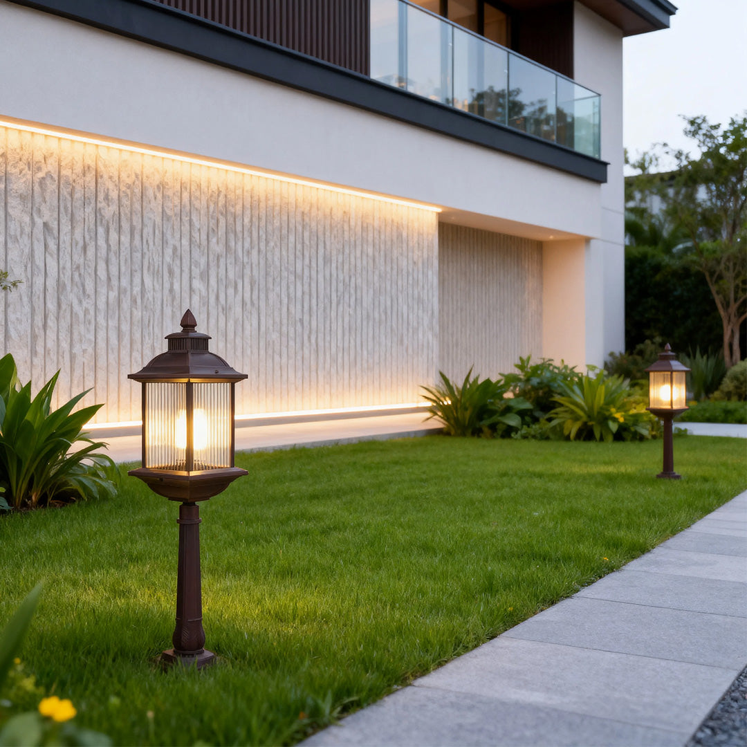 Modern Outdoor Post Light — Coffee Aluminum and Glass, E26, 12W, IP44, Hardwired