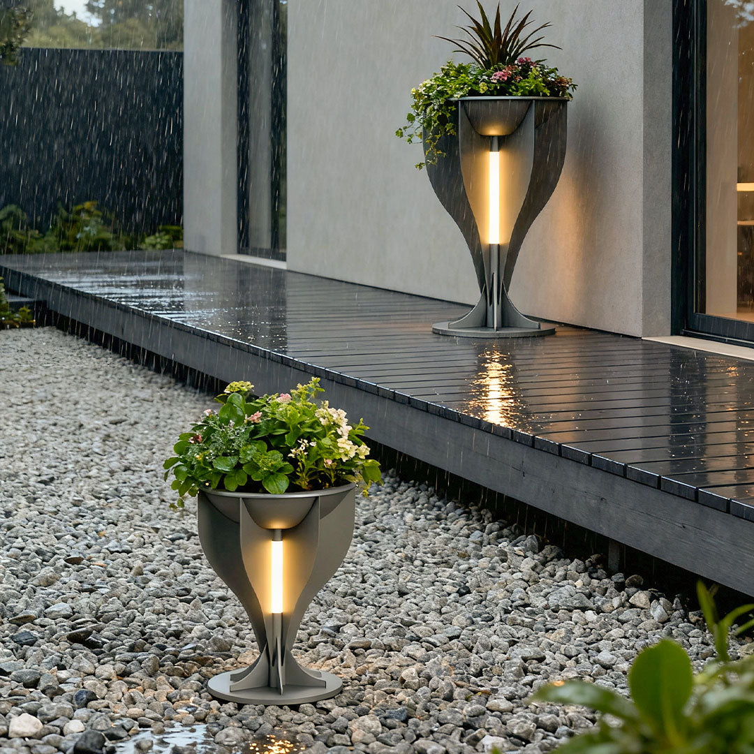 Openwork Lighted Outdoor Planter — Black Stainless Steel, Warm White LED, IP54, Hardwired or Solar, 18.9" or 32.3"