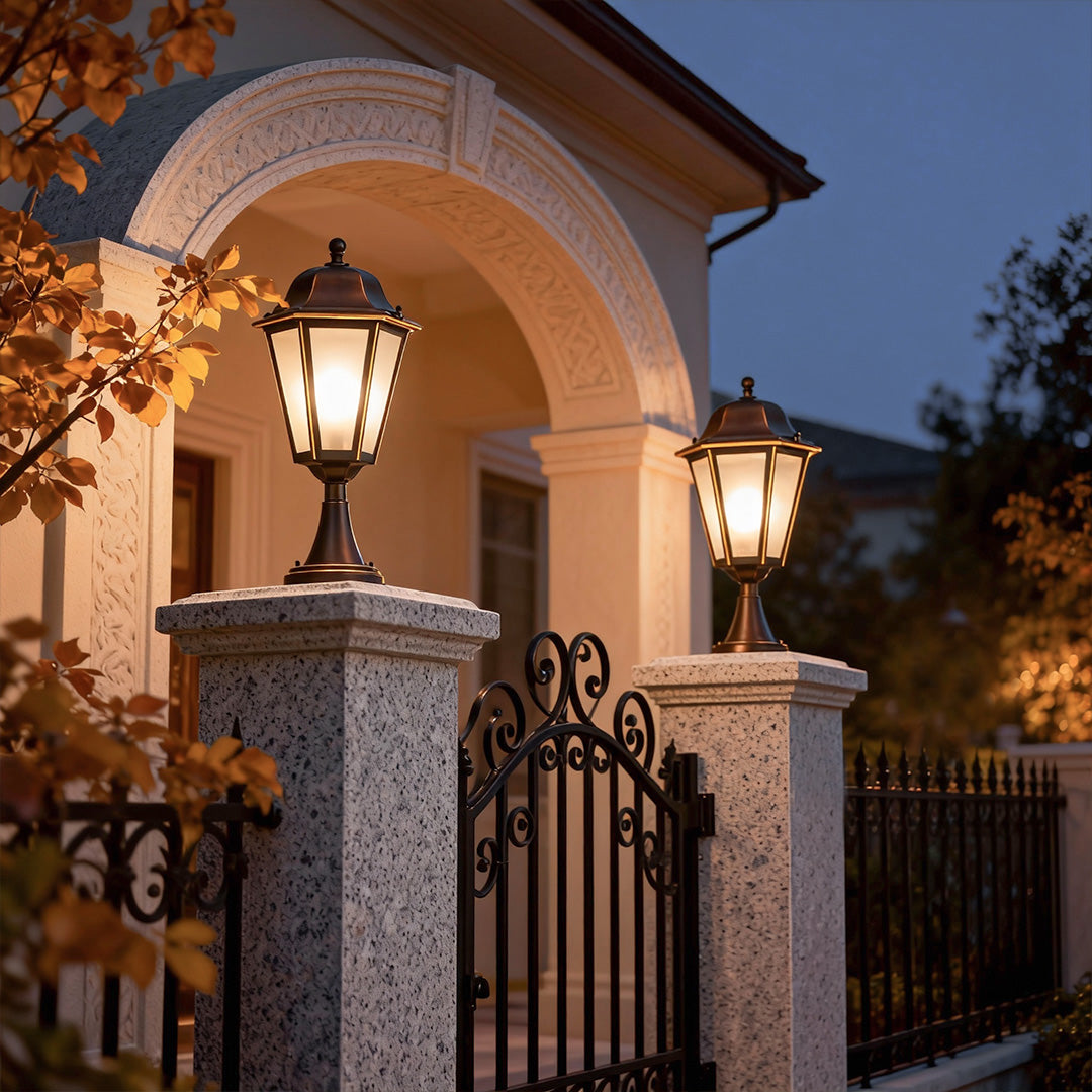 Hexagonal Geometric Outdoor Pillar Light — Solid Copper, Black & Gold Finish, E27, IP55, 17.1"