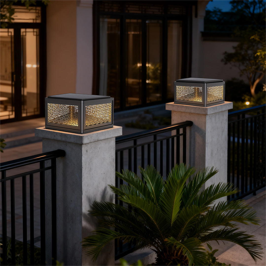 Modern Square Pillar Gate Light — Aluminum, Solar / Hardwired, Four-Color LED, IP54, 3 Sizes