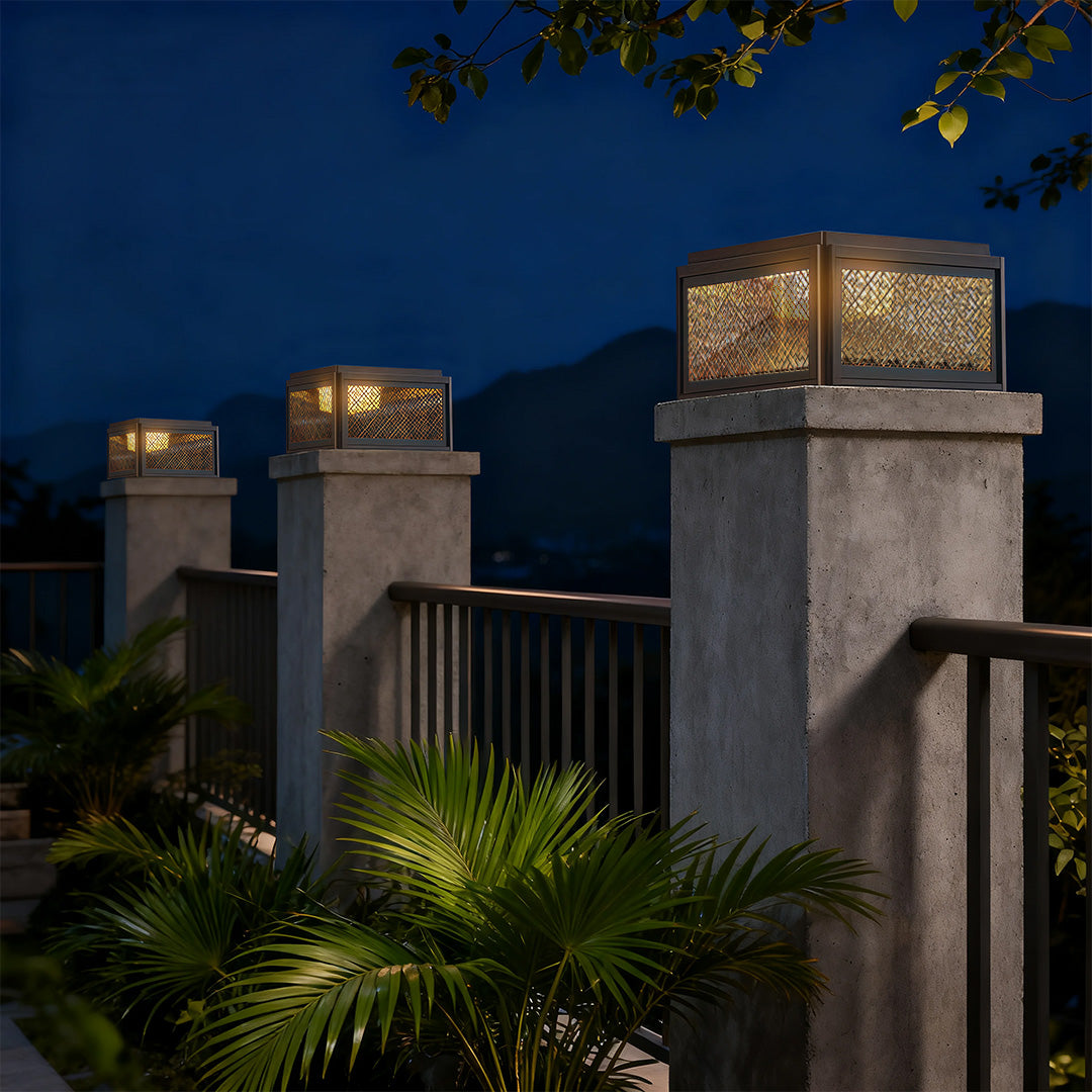 Modern Square Pillar Gate Light — Aluminum, Solar / Hardwired, Four-Color LED, IP54, 3 Sizes