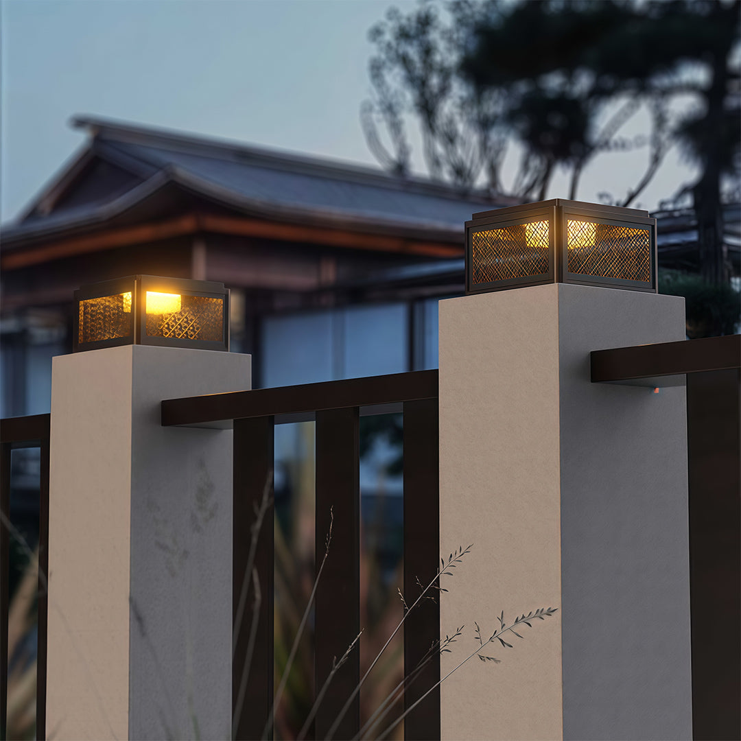 Modern Square Pillar Gate Light — Aluminum, Solar / Hardwired, Four-Color LED, IP54, 3 Sizes