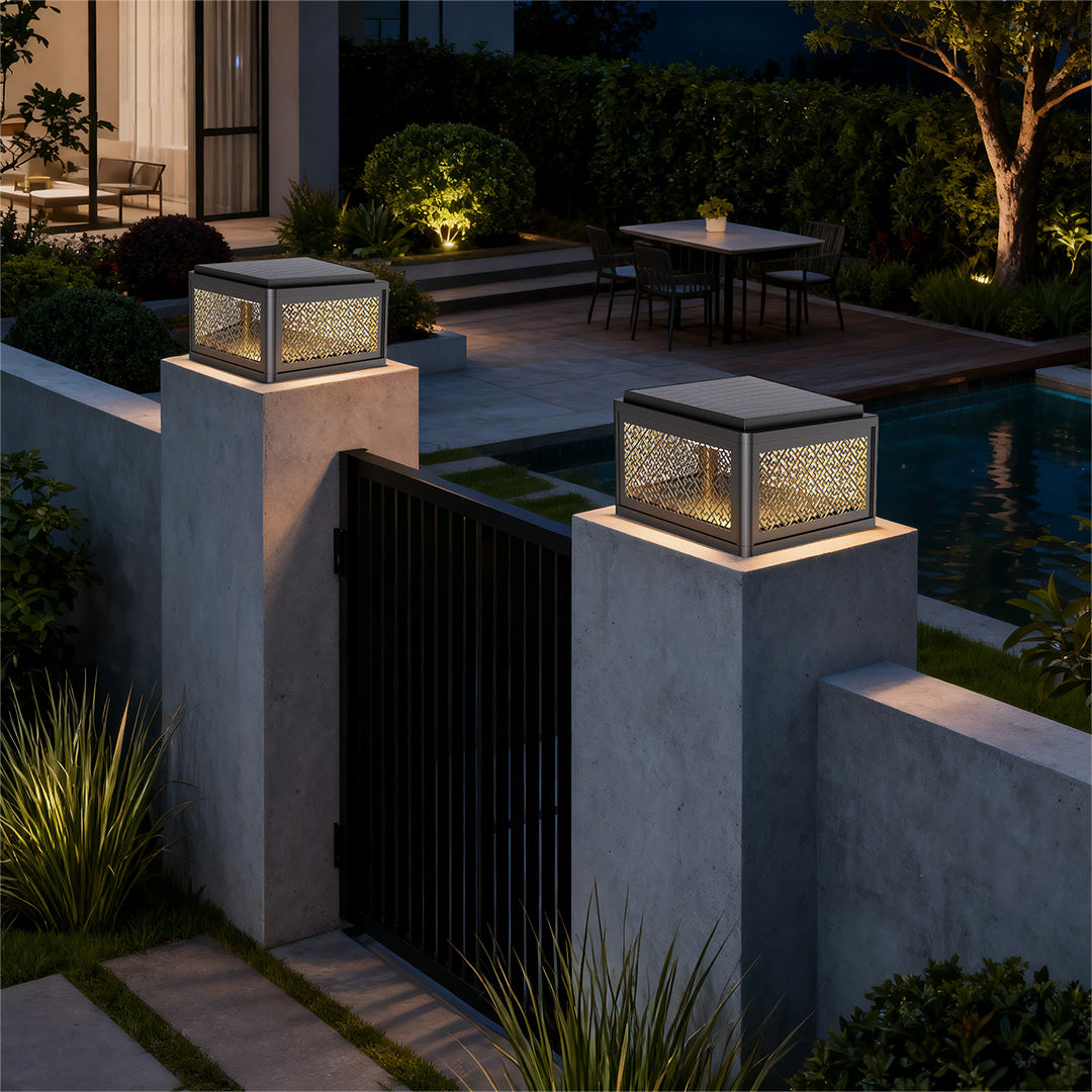 Modern Square Pillar Gate Light — Aluminum, Solar / Hardwired, Four-Color LED, IP54, 3 Sizes