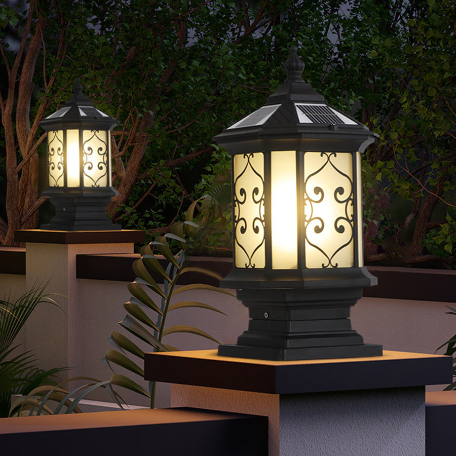 Retro Lantern Outdoor Gate Pillar Light — Die-Cast Aluminum, Frosted Glass, Solar or Hardwired, Black or Bronze