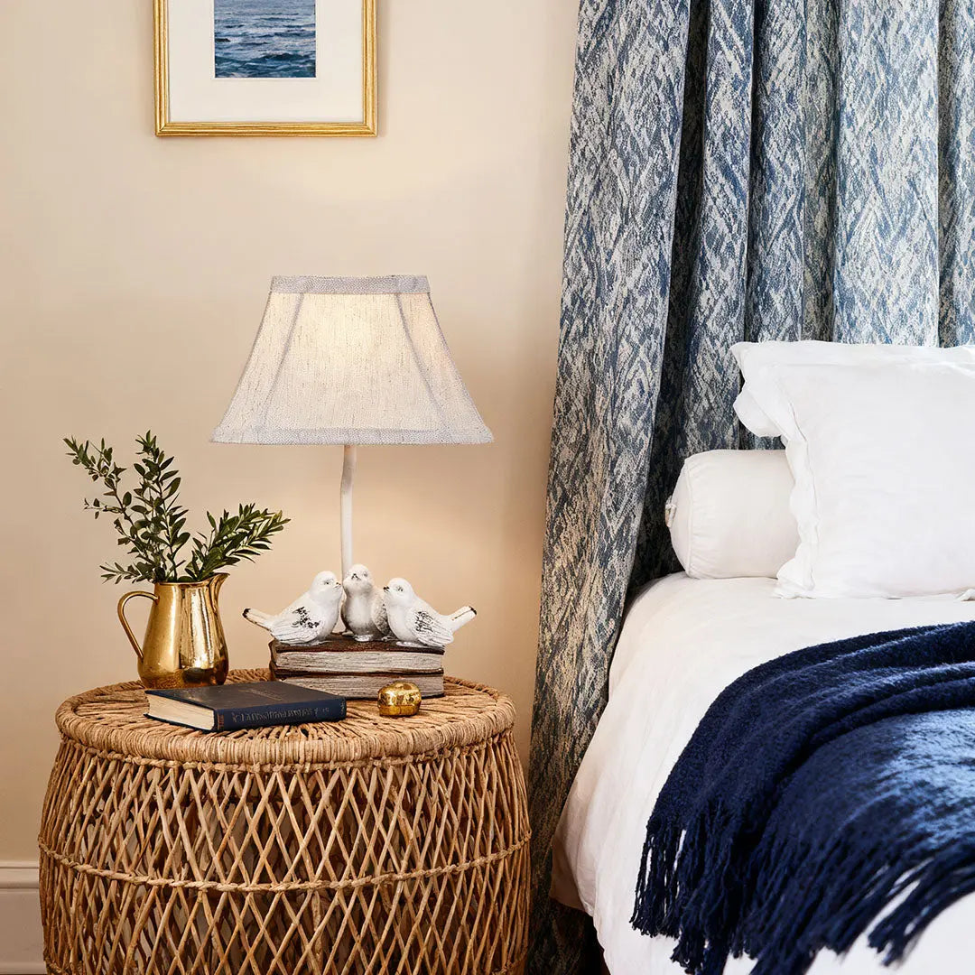 Fabric Light Table Lamp Featuring a Small Bird Perched on Stacked Books Luxe