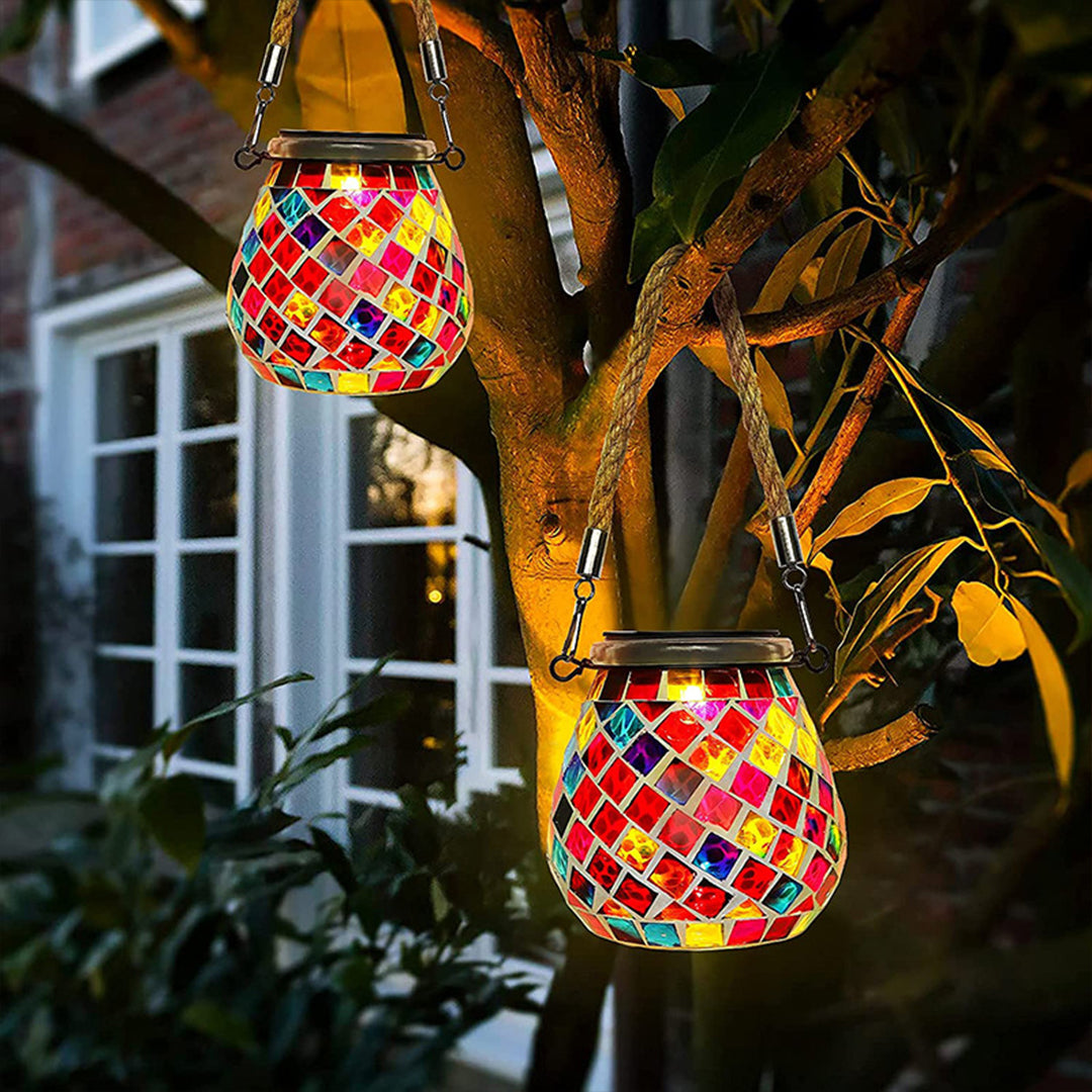 Stained Glass Mosaic Solar Lantern — Handcrafted, LED, IP65 Weatherproof, Dusk-to-Dawn, Hanging or Tabletop