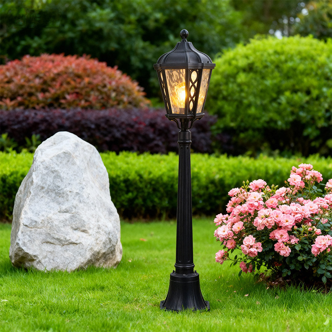 Column Outdoor Post Light — Sand-Black Cast Aluminum, Clear Glass, 12W LED, IP44 Weatherproof
