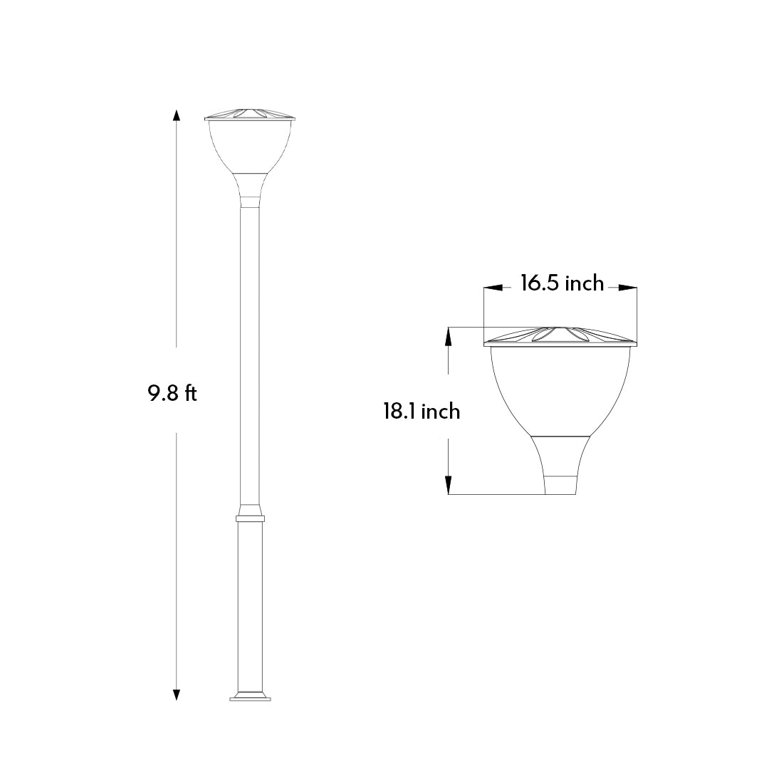 Modern Minimalist Outdoor Post Light — Matte Black Aluminum, Dome, LED, 36W / 48W, 3000K, IP65, 3-Meter Pole