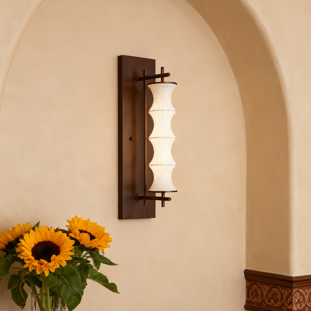 Vintage Bamboo Node Wall Sconce — Walnut Metal, Silk Shade, 8W 3000K LED, 23.6"