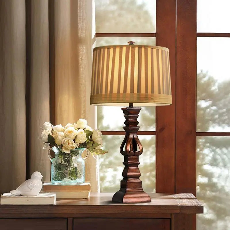 Antique Rustic Style Tower Table Lamp with Stripe Drum Shade Luxe