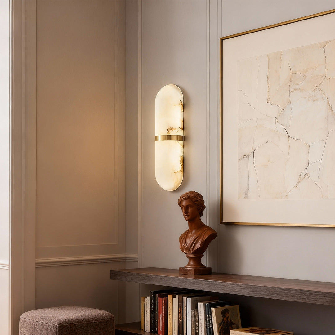 Retro Japanese Marble Wall Sconce — Copper and Iron, 6.5W LED, White Marble Shade
