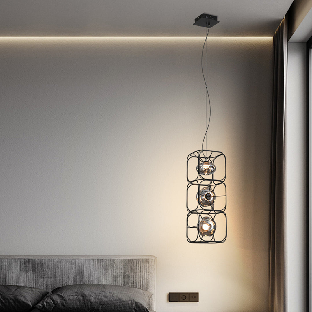 Magic Cube Caged Geometric Pendant — Black Iron, Smoked Glass, LED, 7W–28W, 1- to 4-Light