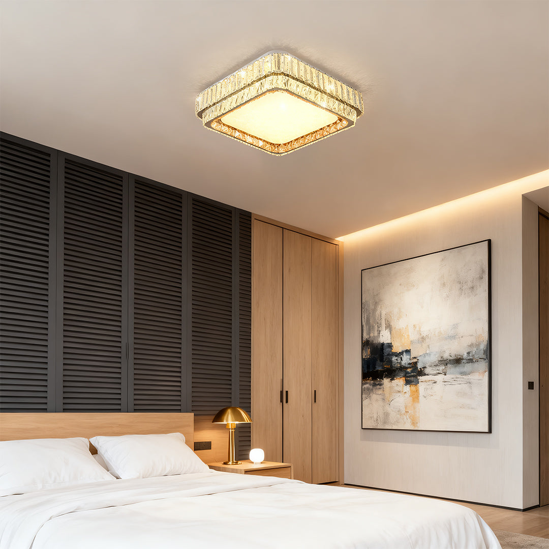 Modern Crystal Flush-Mount — Stainless Steel, Chrome, Full-Spectrum Eye-Care LED, Three-Color Dimming, Round / Square / Rectangle