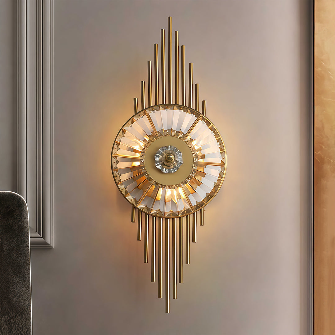 Crystal Diffused Wall Sconce — Brass-Tone Stainless Steel, Cut Crystal, E14, Hardwired, 25.6"