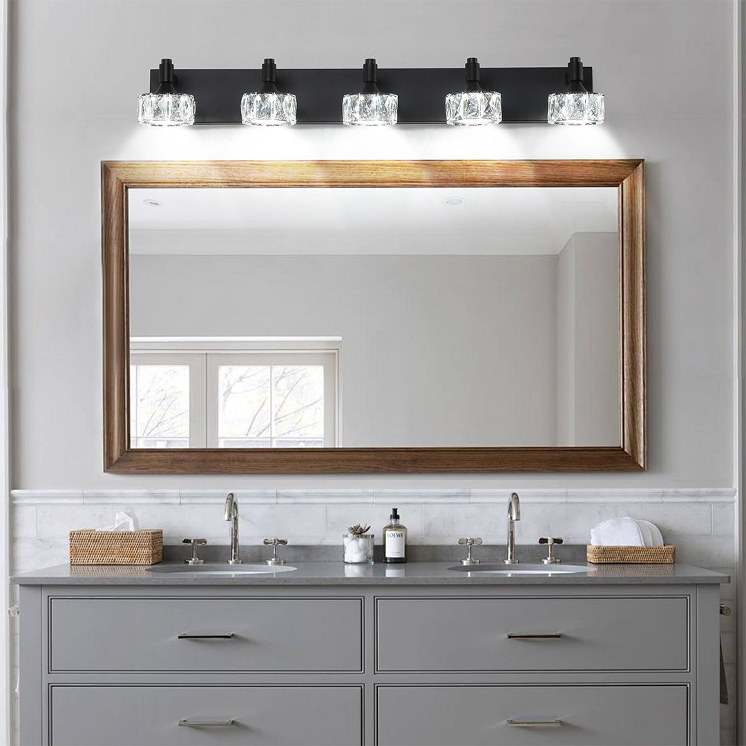 Modern Crystal Bathroom Vanity Light — Black Iron, 6000K LED, 30W, 4-, 5-, or 6-Light