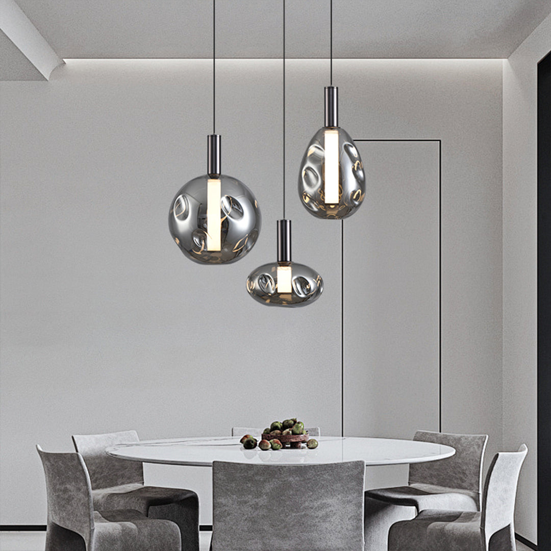 Minimalist Branch Drum Pendant Light — Wrought Iron, Smoke Grey Glass, Three-Color Dimming, Adjustable Chain