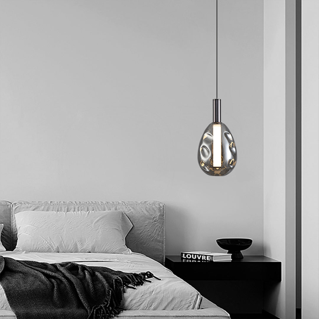 Minimalist Branch Drum Pendant Light — Wrought Iron, Smoke Grey Glass, Three-Color Dimming, Adjustable Chain