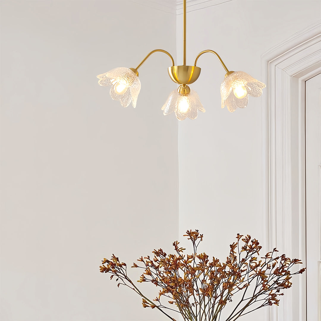 French Flower-Shaped Glass Chandelier — Full Copper, Brass Finish, 3-Step Dimming, 3, 6, or 8-Light