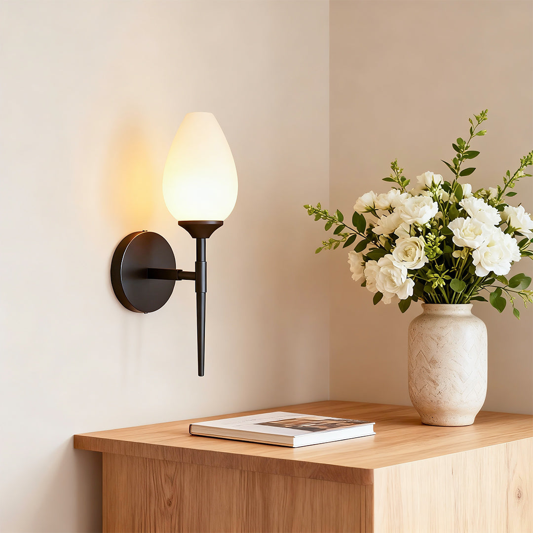 Single-Head Glass Wall Sconce — Full Copper Frame, Clear Glass Shade, G9, Hardwired, Black / Copper / Nickel