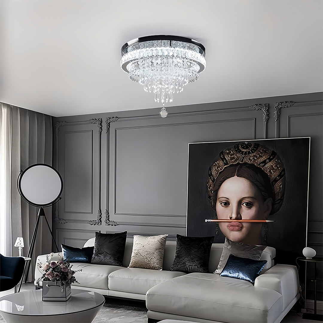 Round Crystal Flush-Mount Chandelier — Gold Stainless Steel, 55W LED, Four-Mode Dimming, 19.69"