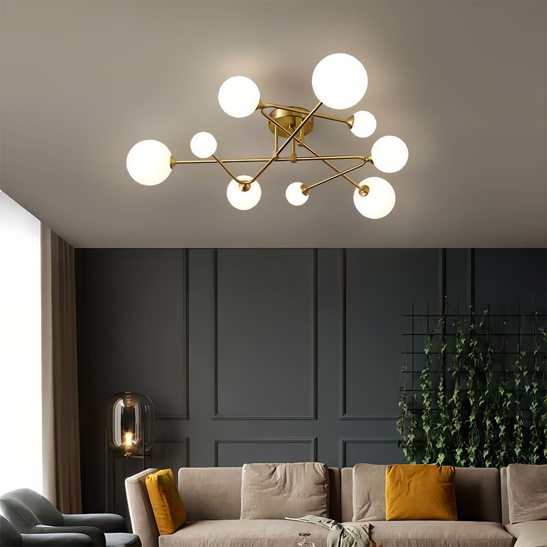 Magic Bean Semi Flush-Mount Ceiling Light — Gold Iron, Hand-Blown Glass, 3-Step Dimming (3000K/4500K/6000K), 4, 6, or 9-Light