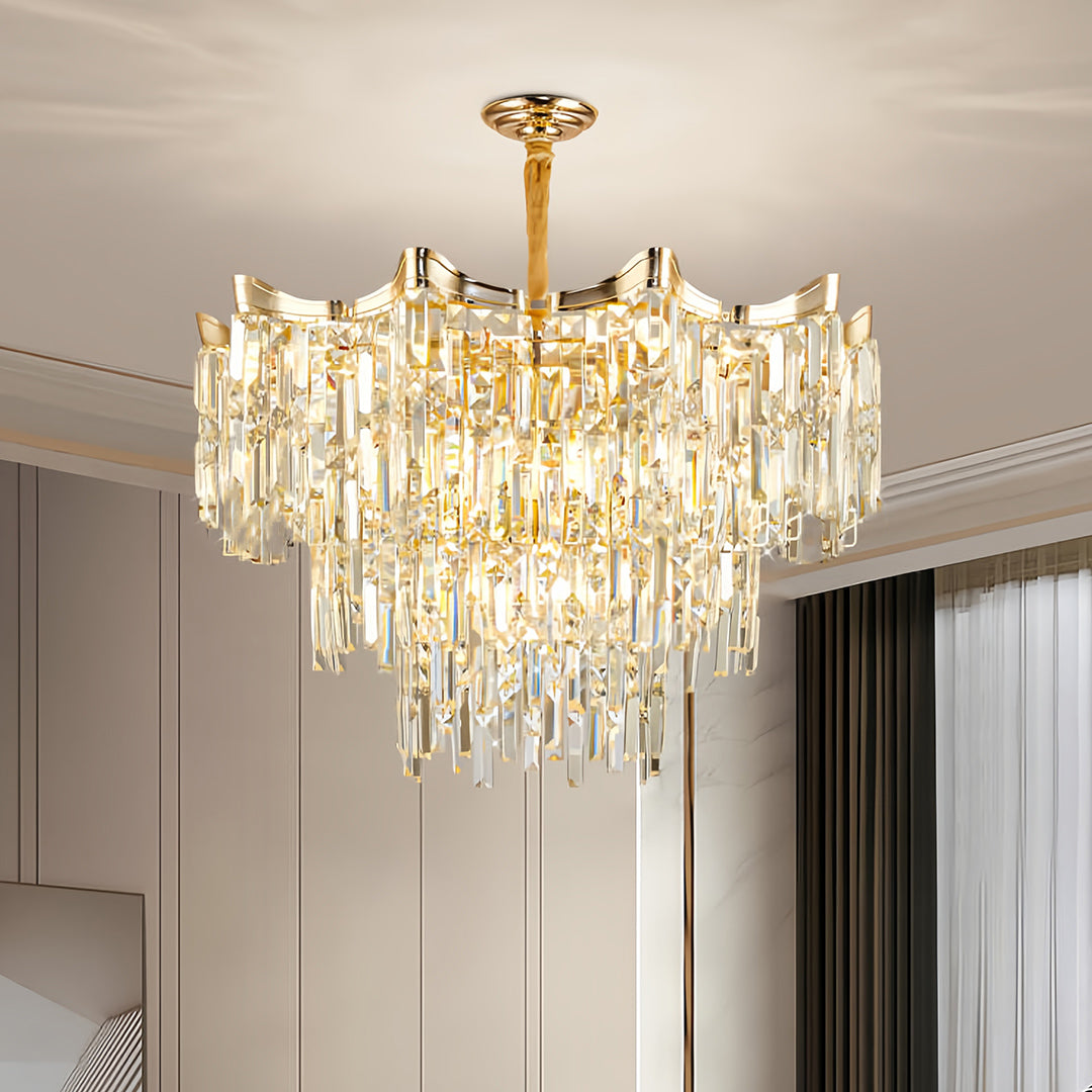Tiered Waterfall Crystal Chandelier — Gold, K9 Crystal, Three-Color Dimming, 23.6" or 31.5"