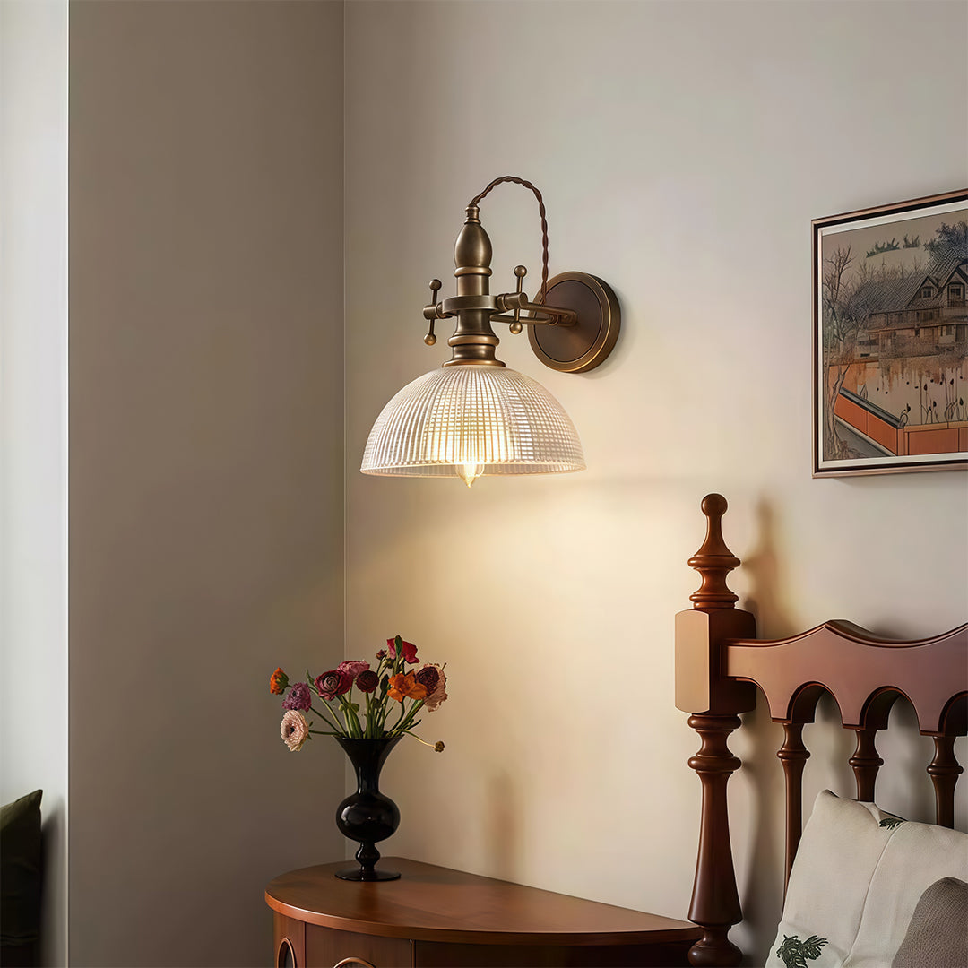 Vintage Reading Wall Sconce — Brass, Transparent Glass Shade, E14 Hardwired