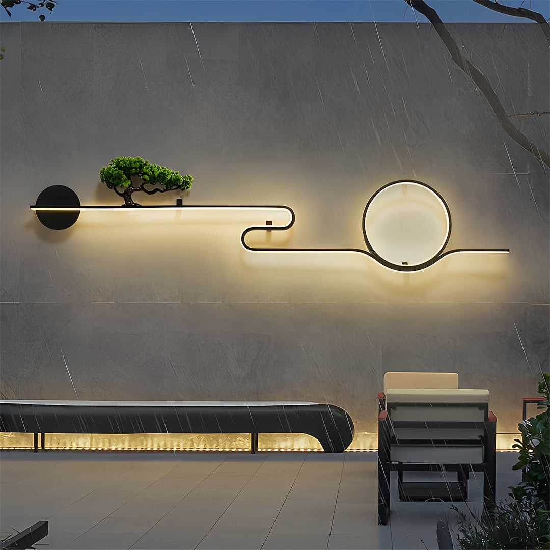Resin Tree & Moon Outdoor Wall Sconce — Black Aluminum, LED, 20W/26W/30W, 3000K, IP65 Weatherproof