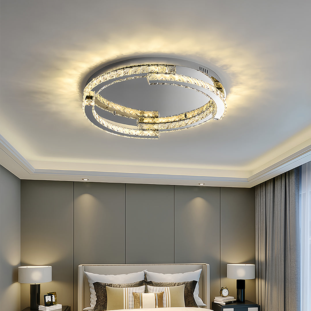 Round Crystal LED Flush Mount — Stainless Steel, Silver, 50W / 60W, Three-Color Dimming, CRI 95