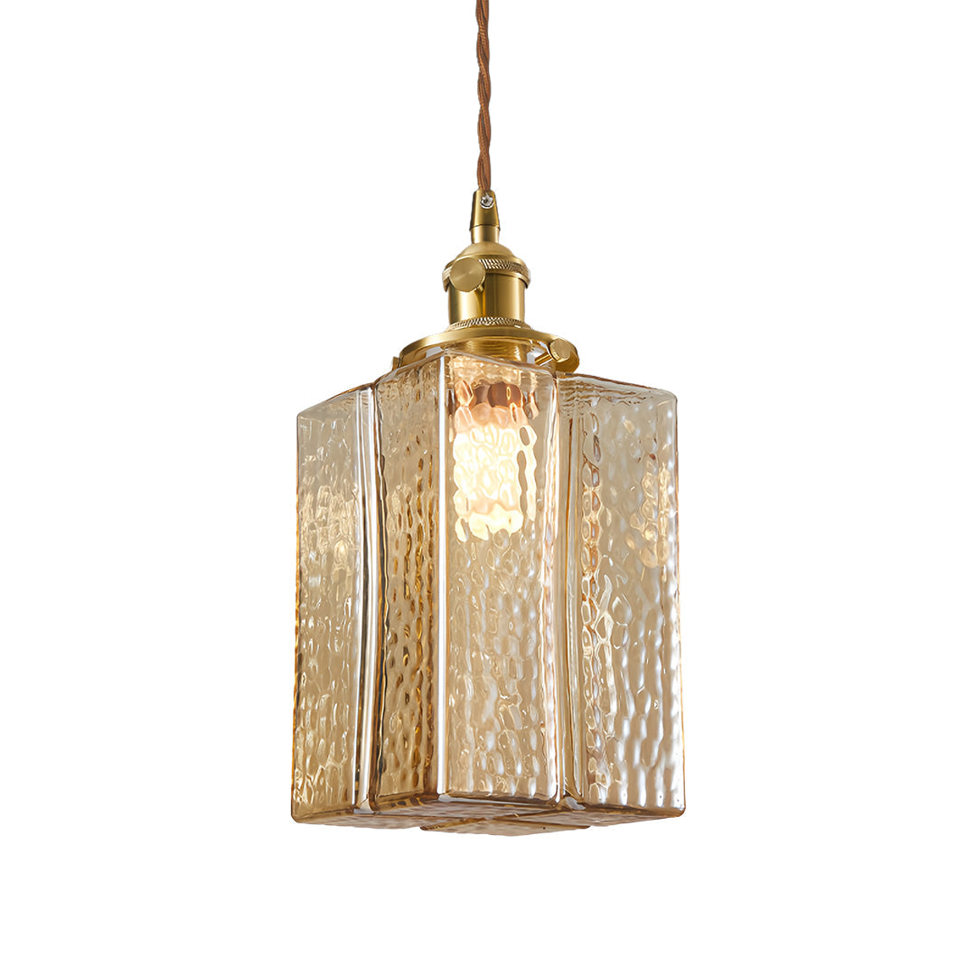 Vintage Brass and Glass Square Mini Pendant — Japandi Zen, Amber or Clear Glass, 3-Step Dimming, 2-Meter Adjustable Cord