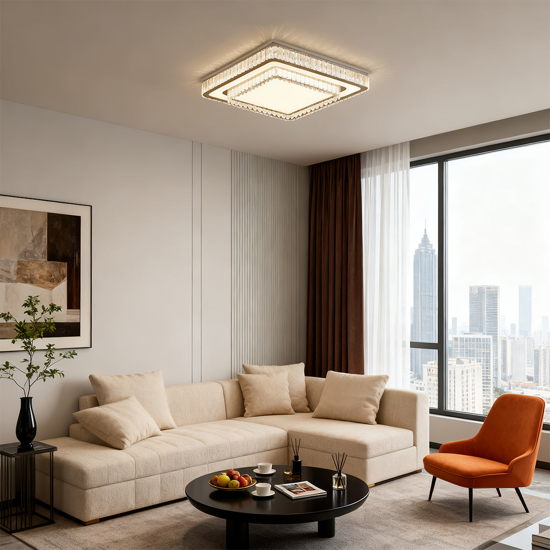 Modern Crystal Flush-Mount Light — Stainless Steel, Round/Square/Rectangle, 3-Step Dimming, LED