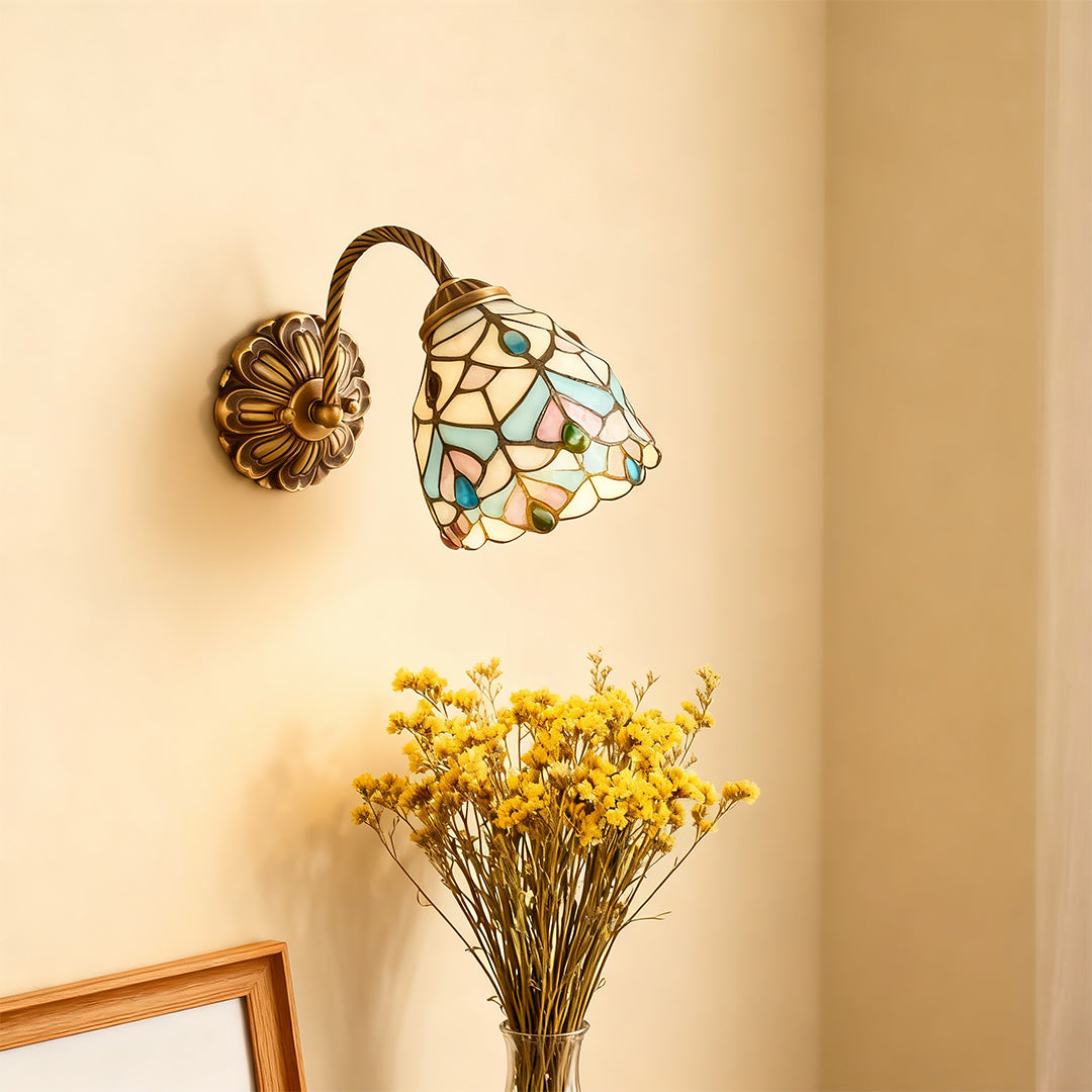 Stained Glass Wall Sconce — Brass with Copper Finish, E27, 12.2" W, Vintage Country