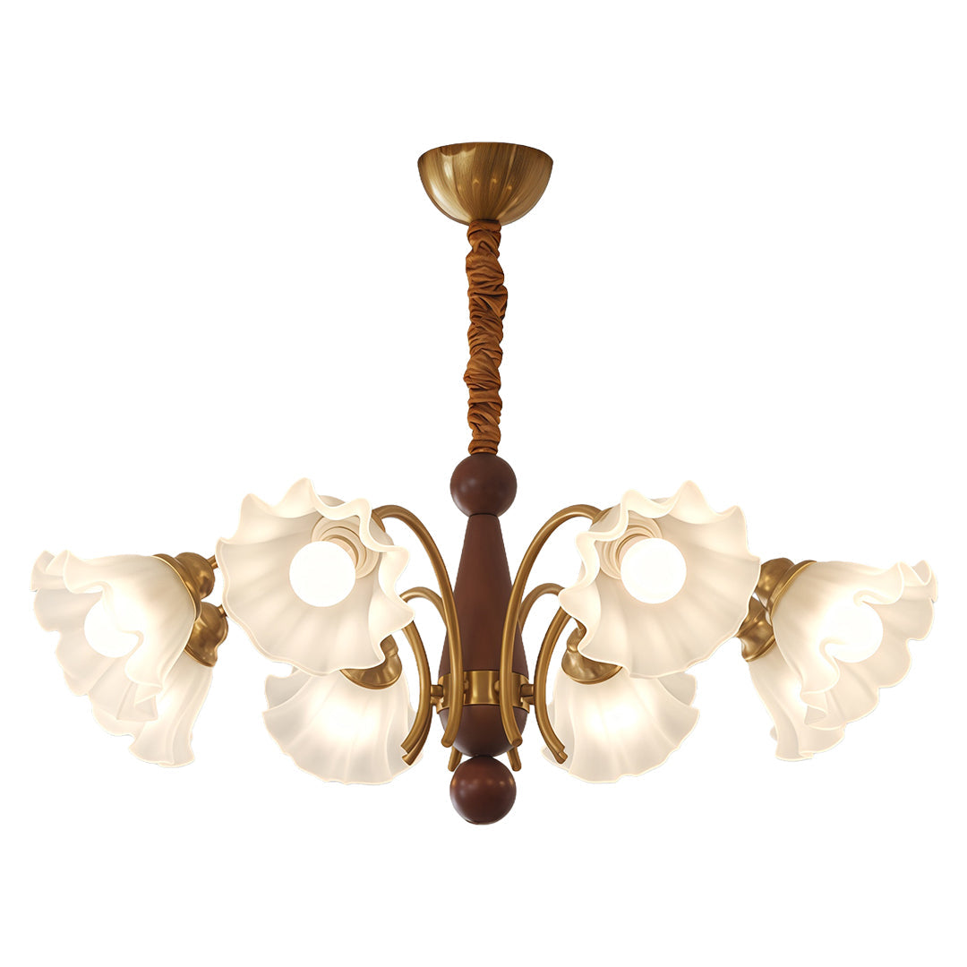 Lily-of-the-Valley Flower Glass Chandelier — Gold & Walnut Iron Frame, 3-Step Dimming, 3/5/8-Light