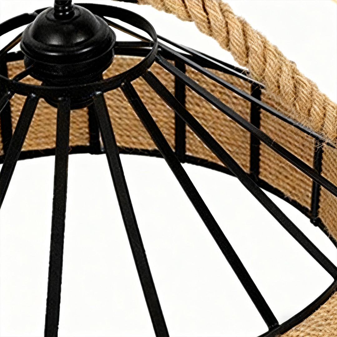 Circular Iron and Hemp Rope Pendant Light — Black, E27, 4W Warm, Adjustable 1.5m Suspension